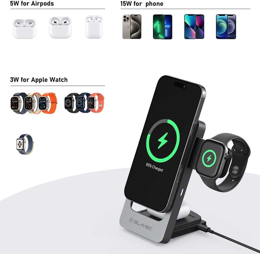 Blavec belaidis įkroviklis BQI-05 Qi 15W magnetic Magsafe 3 in 1 UniCharge (BQI05-QIMS) sidabro spalvos