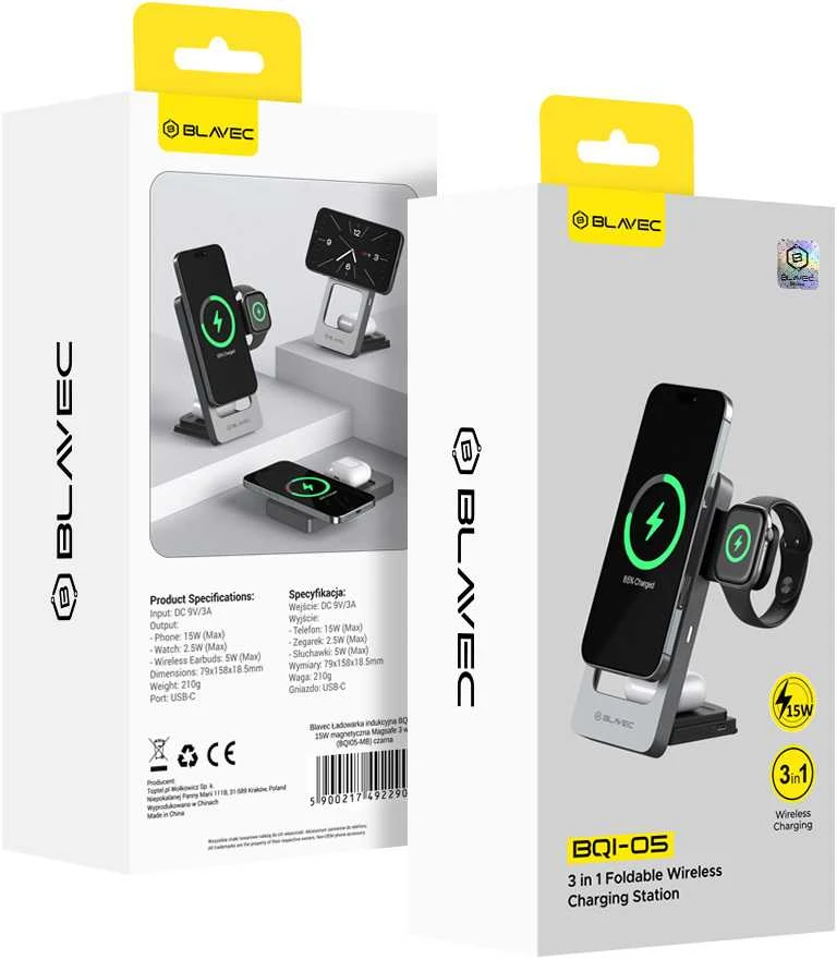 Blavec belaidis įkroviklis BQI-05 Qi 15W magnetic Magsafe 3 in 1 UniCharge (BQI05-QIMS) sidabro spalvos