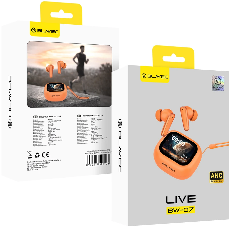 Blavec Bluetooth TWS ausinės BW-07 Live with LCD display (BW07L-O) oranžinis