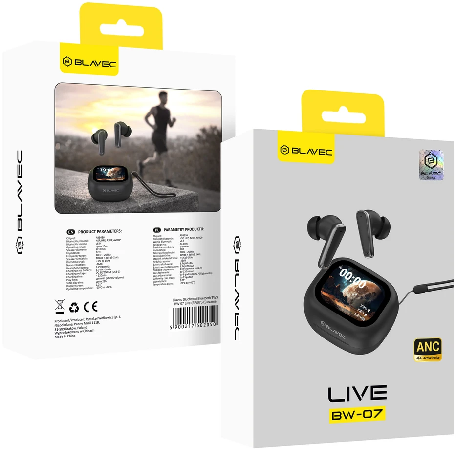 Blavec Bluetooth TWS ausinės BW-07 Live with LCD display (BW07L-B) juodos spalvos