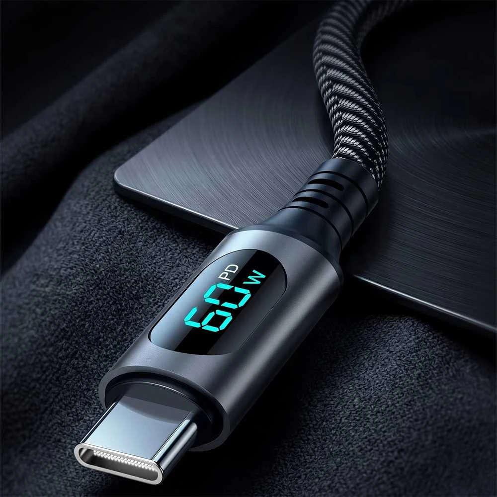 Blavec Zumi pintas kabelis – C tipo į C tipo jungtį – PD 60W 3A LCD ekranas, 1 metras, Apple CarPlay/Android Auto (CZU-CC3B10) juodos spalvos