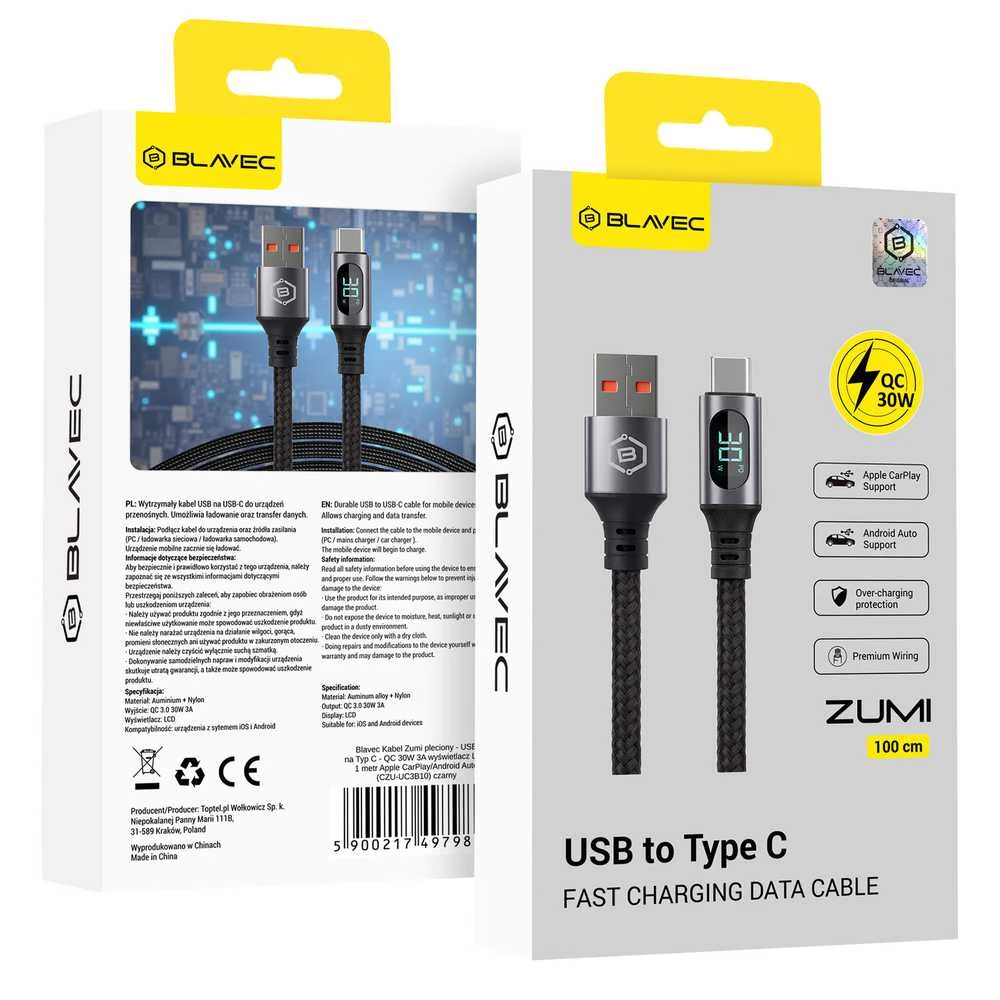 Blavec Cable Zumi braided – USB to Type C – QC 30W 3A LCD display 1 metre Apple CarPlay/Android Auto (CZU-UC3B10) juodos spalvos