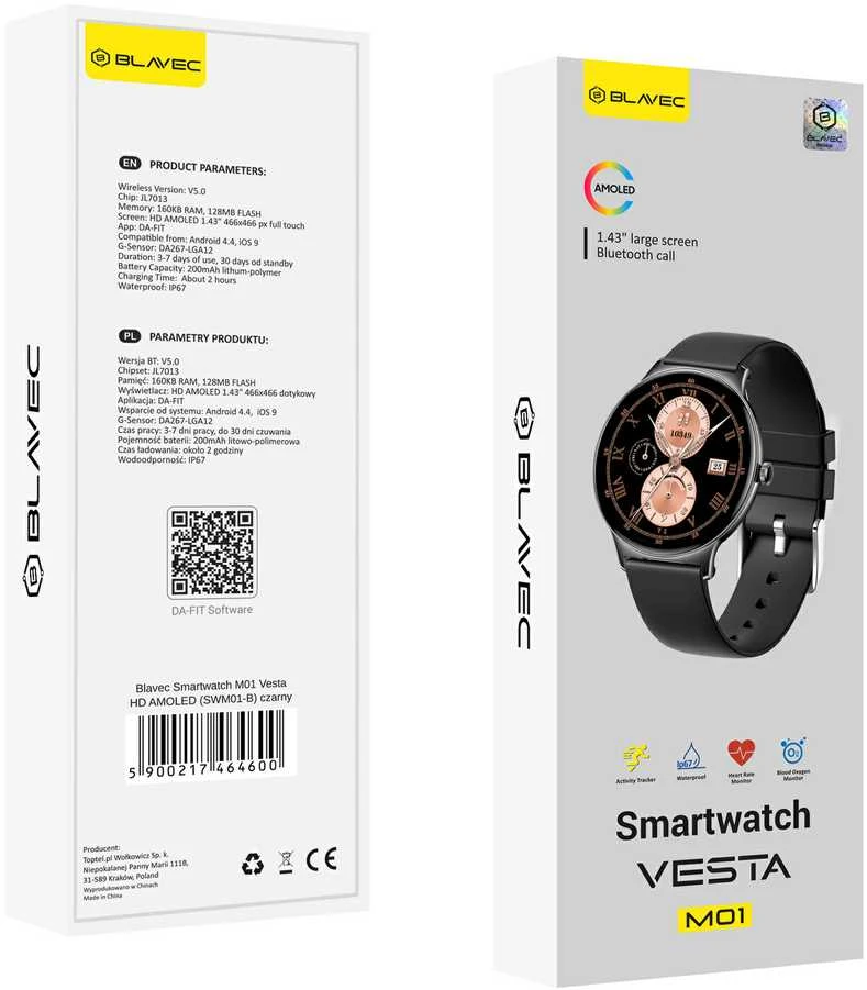 Blavec išmanusis laikrodis M01 Vesta HD AMOLED (SWM01-B) juodos spalvos