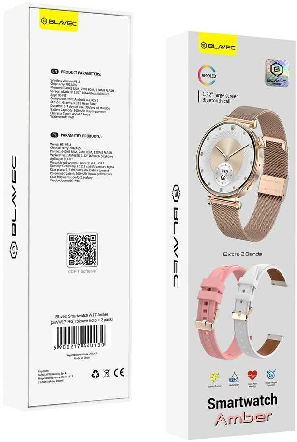 Blavec Išmanusis laikrodis W17 Amber HD AMOLED (SWW17-RG) rožinio aukso spalvos + 2 bands