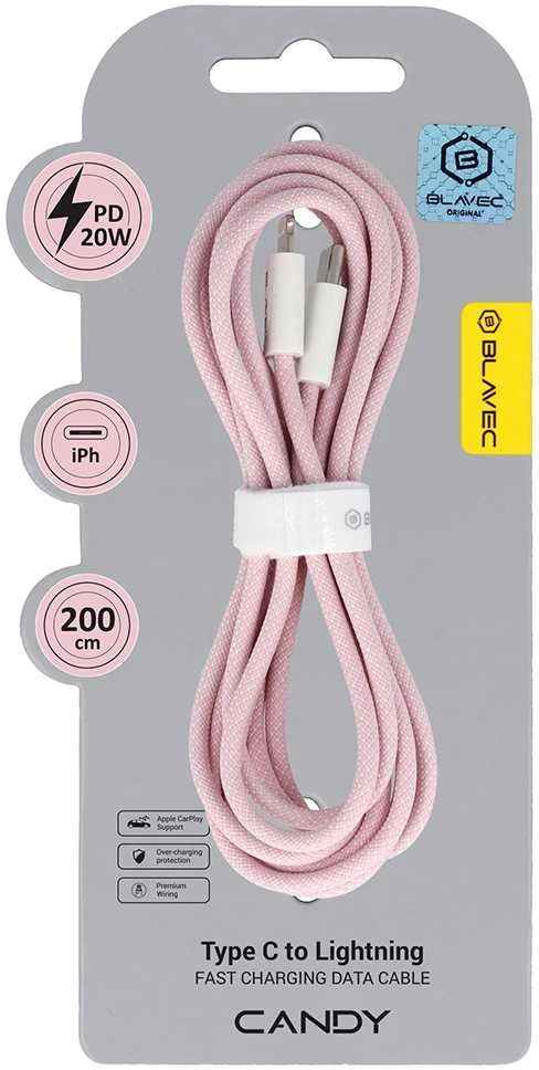 Oem Blavec kabelis Candy braided – Type C į Lightning – PD 20W 2,4A 2 metrai (CCA-CL24P20) rožinės spalvos