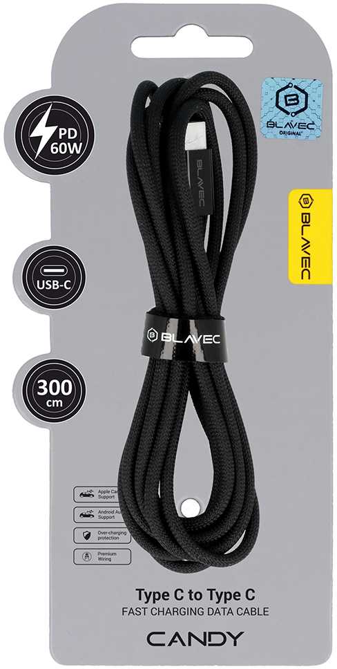 Oem Blavec kabelis Candy braided – Type C į Type C – PD 60W 3A 3 metrai (CCA-CC3B30) juodos spalvos