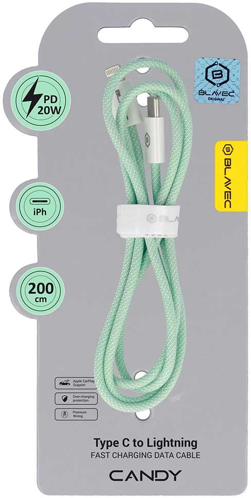 Oem Blavec kabelis Candy braided – Type C į Lightning – PD 20W 2,4A 2 metrai (CCA-CL24GN20) žalios spalvos