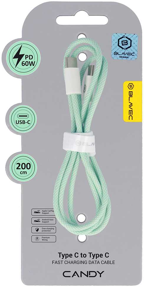 Oem Blavec kabelis Candy braided – Type C į Type C – PD 60W 3A 2 metrai (CCA-CC3GN20) žalios spalvos