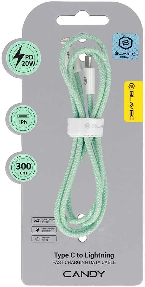 Oem Blavec kabelis Candy braided – Type C į Lightning – PD 20W 2,4A 3 metrai (CCA-CL24GN30) žalios spalvos