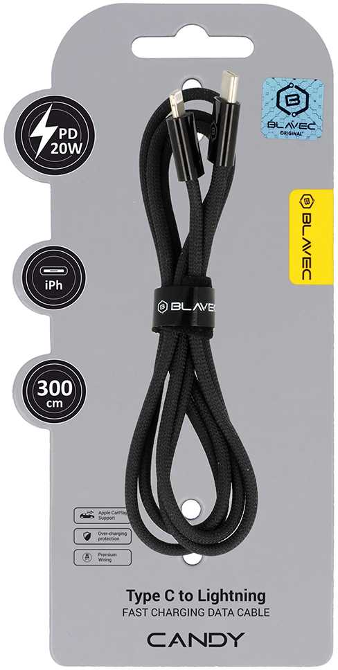 Oem Blavec Cable Candy braided – Type C to Lightning – PD 20W 2,4A 3 metres Apple CarPlay (CCA-CL24B30) juodas