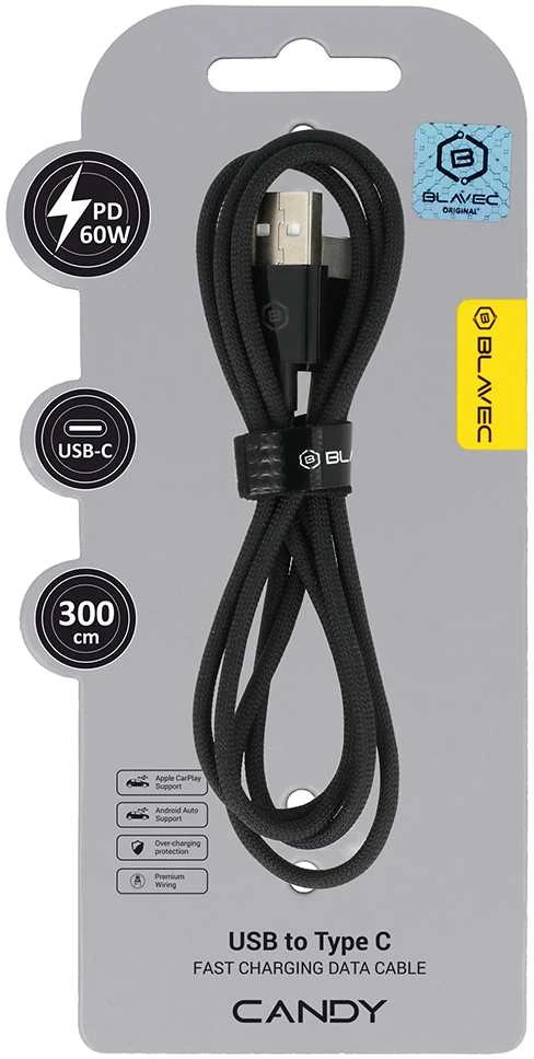 Oem Blavec laidas Candy – USB į Type-C – PD 60W 3A 3 m. CarPlay/Android Auto (CCA-UC3B30) juodos spalvos