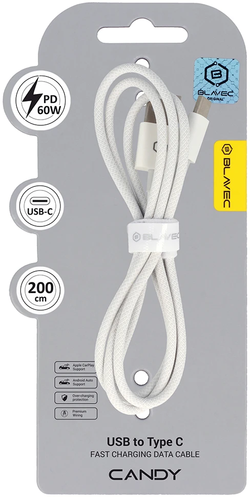 Oem Blavec Cable Candy braided – USB to Type C – PD 60W 3A 2 metres CarPlay/Android Auto (CCA-UC3W20) baltas