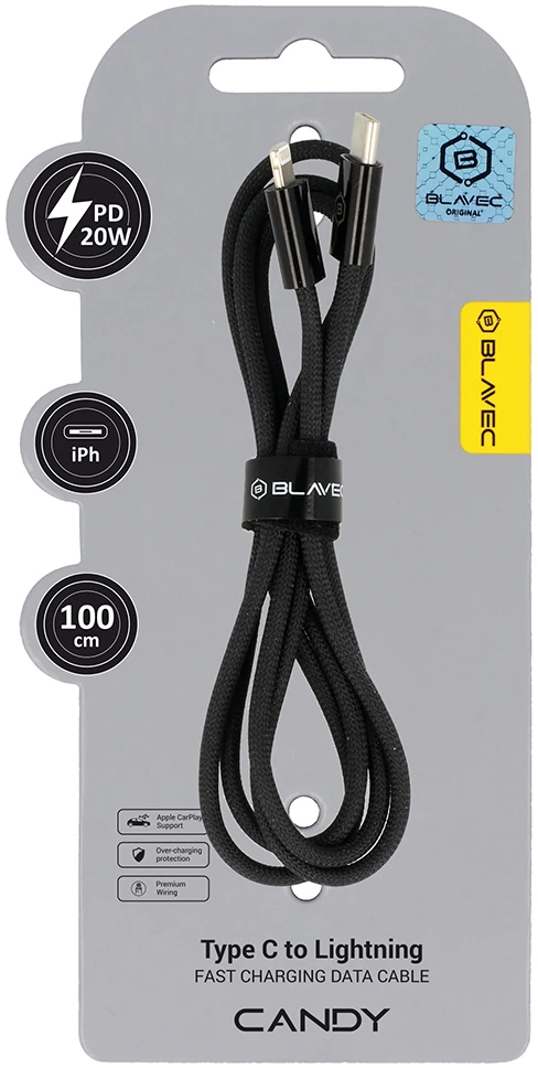 Blavec kabelis Candy pintas – C tipo į Lightning – PD 20W 2,4A 1 metras Apple CarPlay (CCA-CL24B10) juodas