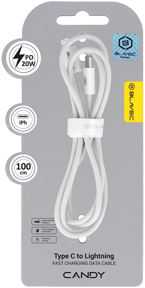 Blavec kabelis Candy pintas – C tipo į Lightning – PD 20W 2,4A 1 metras Apple CarPlay (CCA-CL24W10) baltas