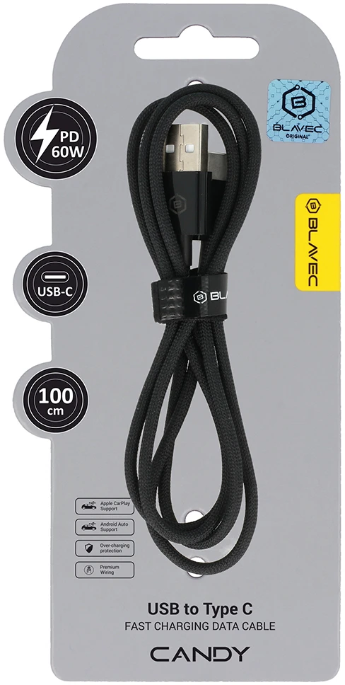 Oem Blavec kabelis Candy pintas – USB-C jungtimi – PD 60W 3A, 1 metras, Apple CarPlay/Android Auto (CCA-UC3B10), juodas