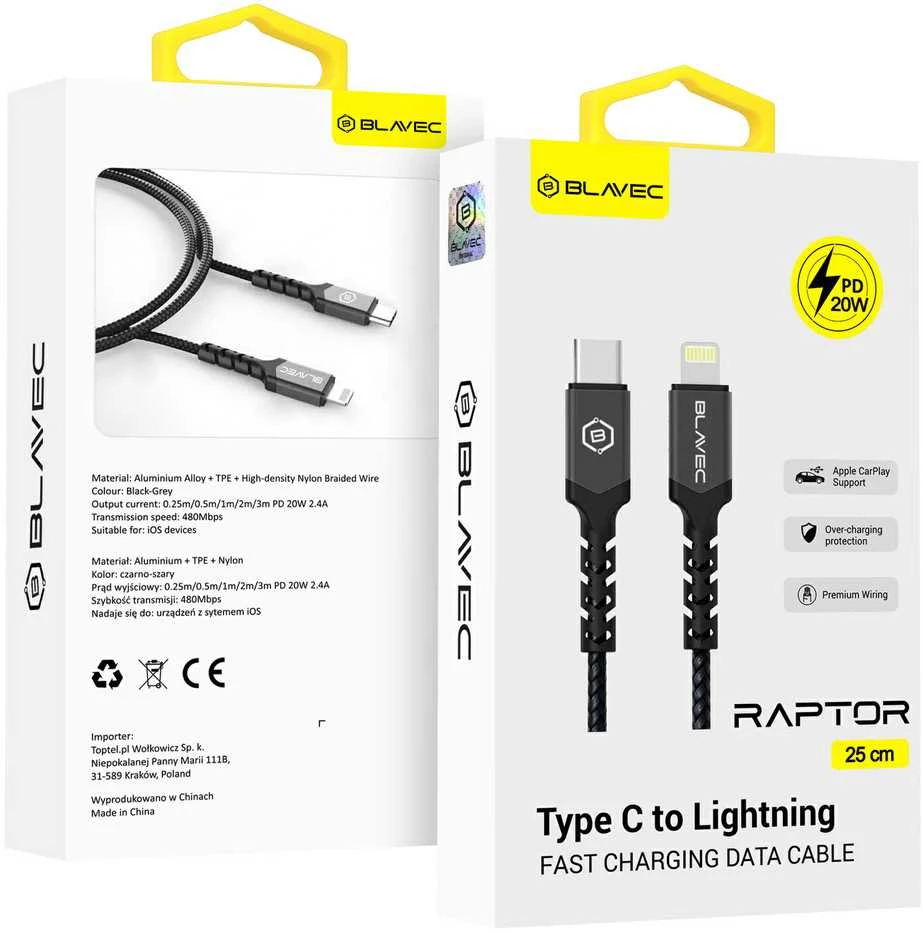 Blavec kabelis Raptor braided – Type C į Lightning – PD 20W 2,4A 0,25 metras (CRA-CL24BG025) juodos spalvos-pilkos spalvos