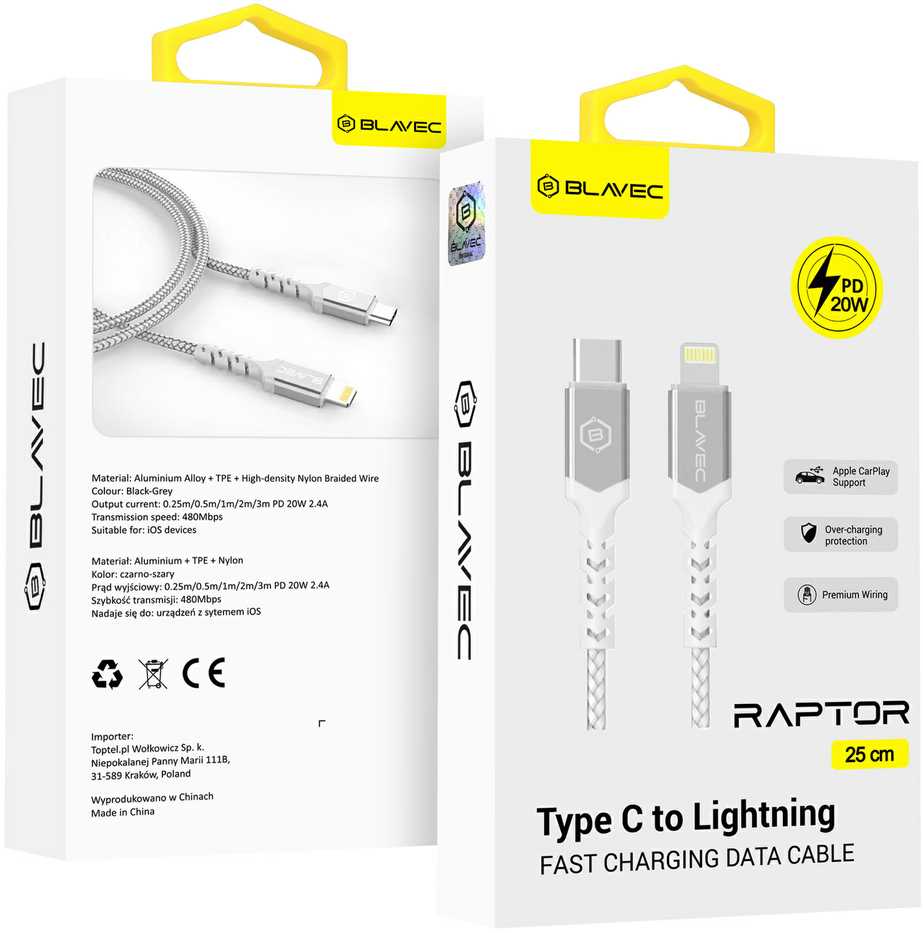 Oem Blavec kabelis Raptor braided – Type C į Lightning – PD 20W 2,4A 0,25 metras (CRA-CL24WS025) baltos spalvos-sidabrinis