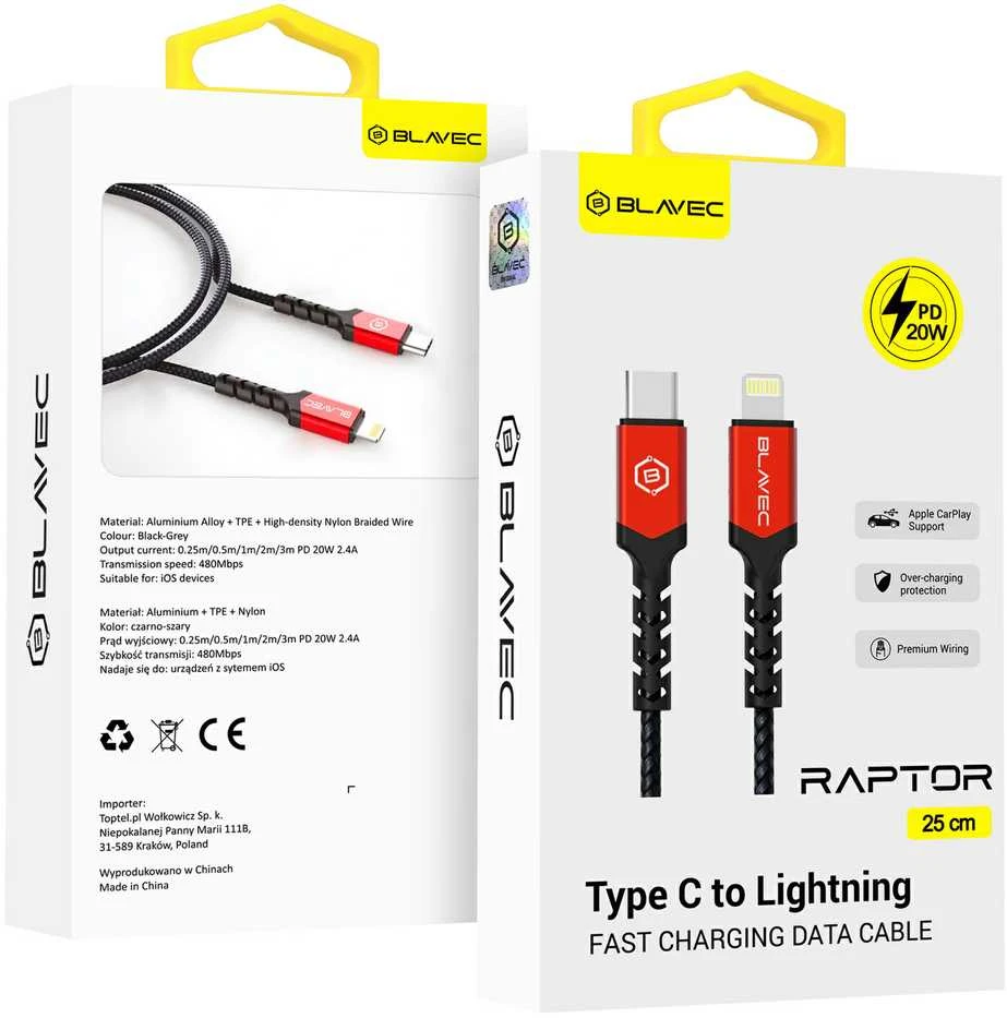 Oem Blavec kabelis Raptor braided – Type C į Lightning – PD 20W 2,4A 0,25 metras (CRA-CL24BR025) juodos spalvos-raudonos spalvos