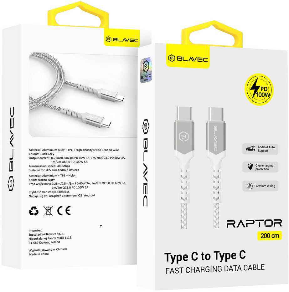 Blavec Kabelis Raptor pintas - Type C į Type C - PD 100W 5A 2 ms Apple CarPlay/Android Auto (CRA-CC5WS20) baltos spalvos-sidabrinis