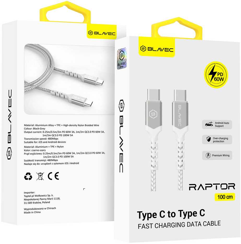 Oem Blavec Kabelis Raptor pintas – Type C į Type C – PD 60W 3A 1 m Apple CarPlay/Android Auto (CRA-CC3WS10) baltos spalvos-sidabrinis