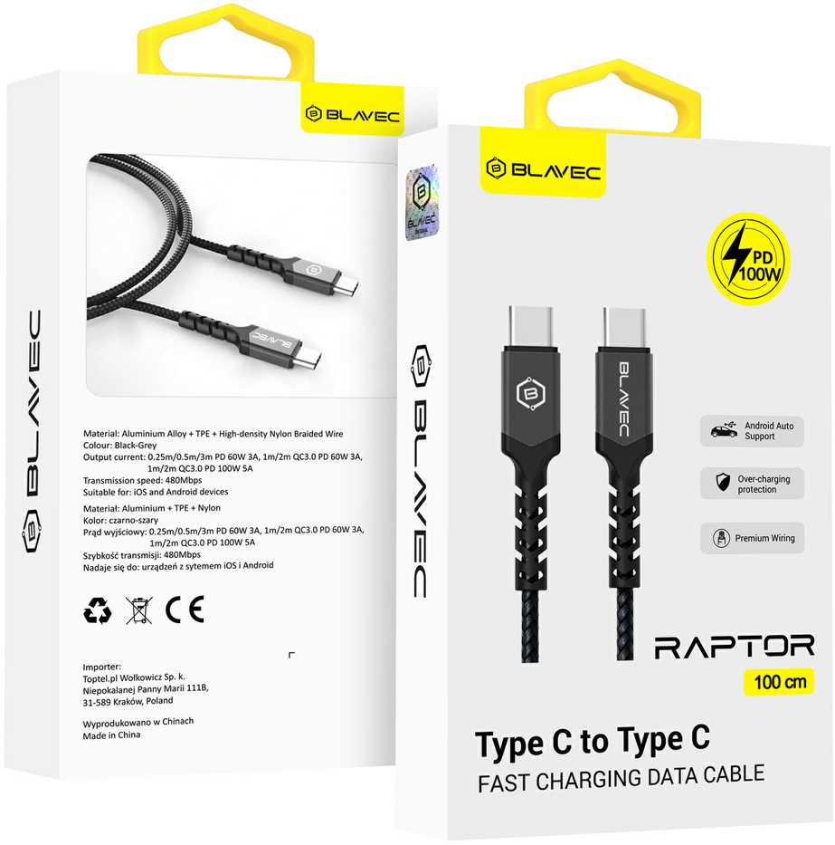 Blavec kabelis Raptor braided – Type C į Type C – PD 100W 5A 1 metras (CRA-CC5BG10) juodos spalvos-pilkos spalvos