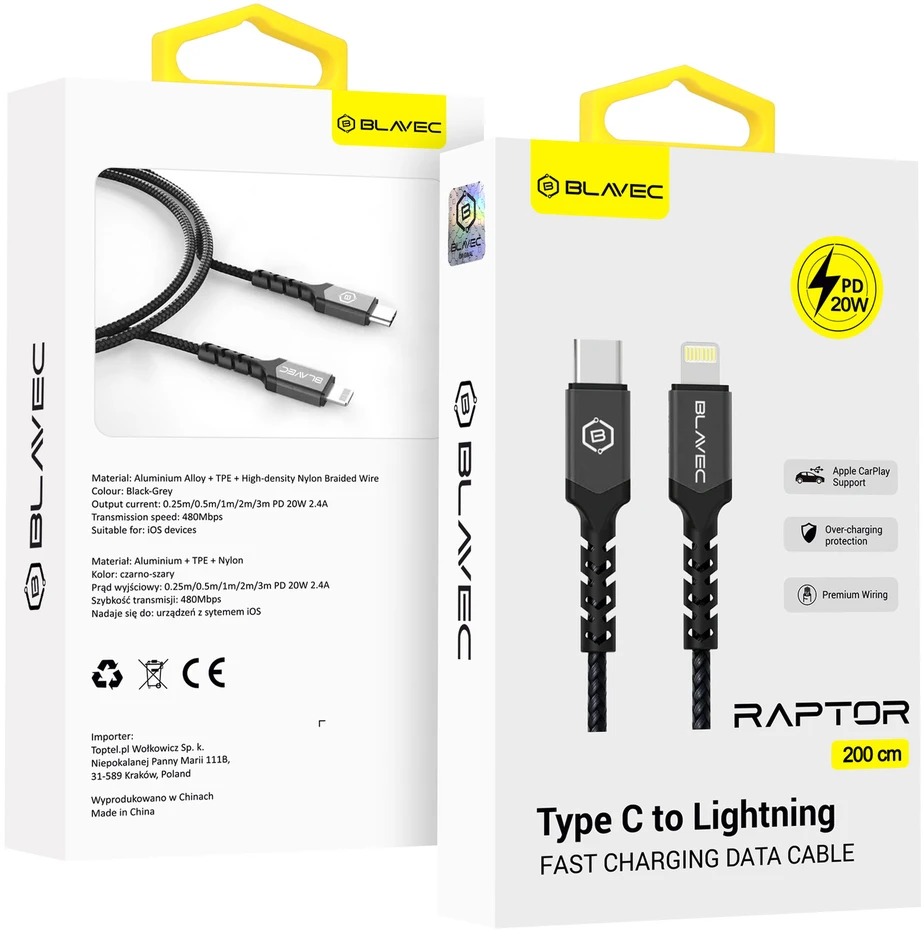 Oem Blavec laidas Raptor pintas – Type C į Lightning – PD 20W 2,4A 2 metrai CarPlay (CRA-CL24BG20) juodas-pilkas