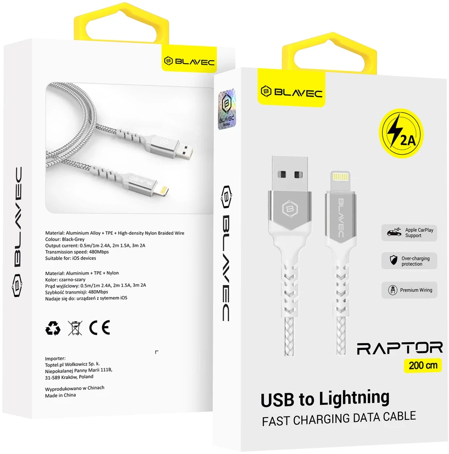 Blavec Cable Raptor pintas – USB į Lightning – 2A 3 metrai CarPlay (CRA-UL2WS30) baltas-sidabrinis