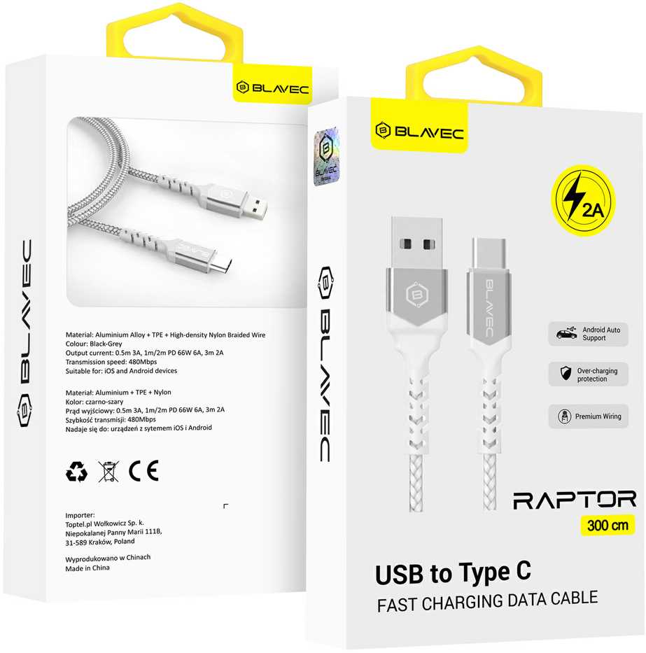 Blavec kabelis Raptor braided - USB į Type C - 2A 3 metras (CRA-UC2WS30) baltos spalvos-sidabro spalvos