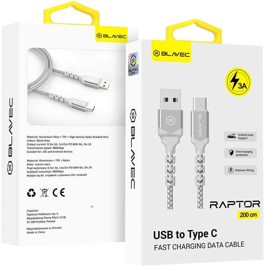 Blavec Kabelis Raptor pintas - USB į Type C - 3A 2 ms Apple CarPlay/Android Auto (CRA-UC3WS20) baltos spalvos-sidabrinis