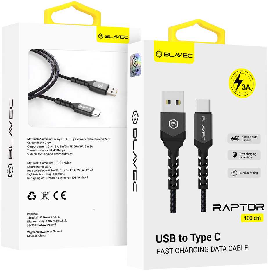 Blavec kabelis Raptor braided - USB į Type C - 3A 1 metras (CRA-UC3BG10) juodos spalvos-pilkos spalvos