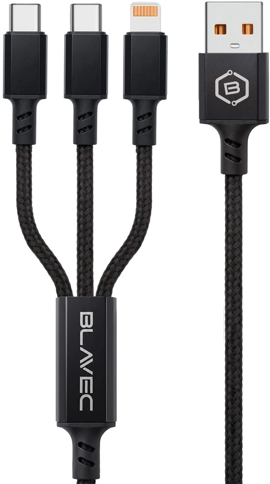 Blavec Kabelis Trixo pleciony – USB į 2xTyp C + Lightning – QC 18W PD60W 3A 1,3 m.a (CTR-U2CL3B13) juodos spalvos