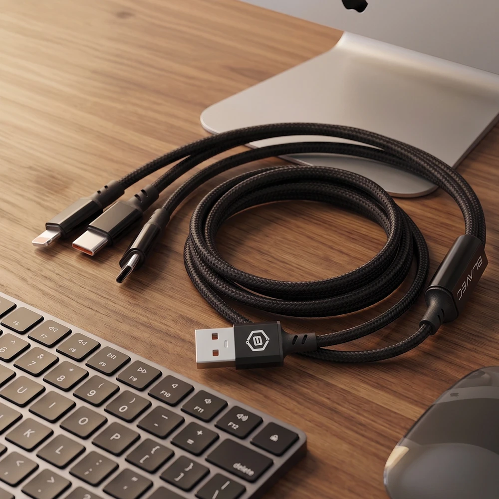 Blavec Kabelis Trixo pleciony – USB į 2xTyp C + Lightning – QC 18W PD60W 3A 1,3 m.a (CTR-U2CL3B13) juodos spalvos