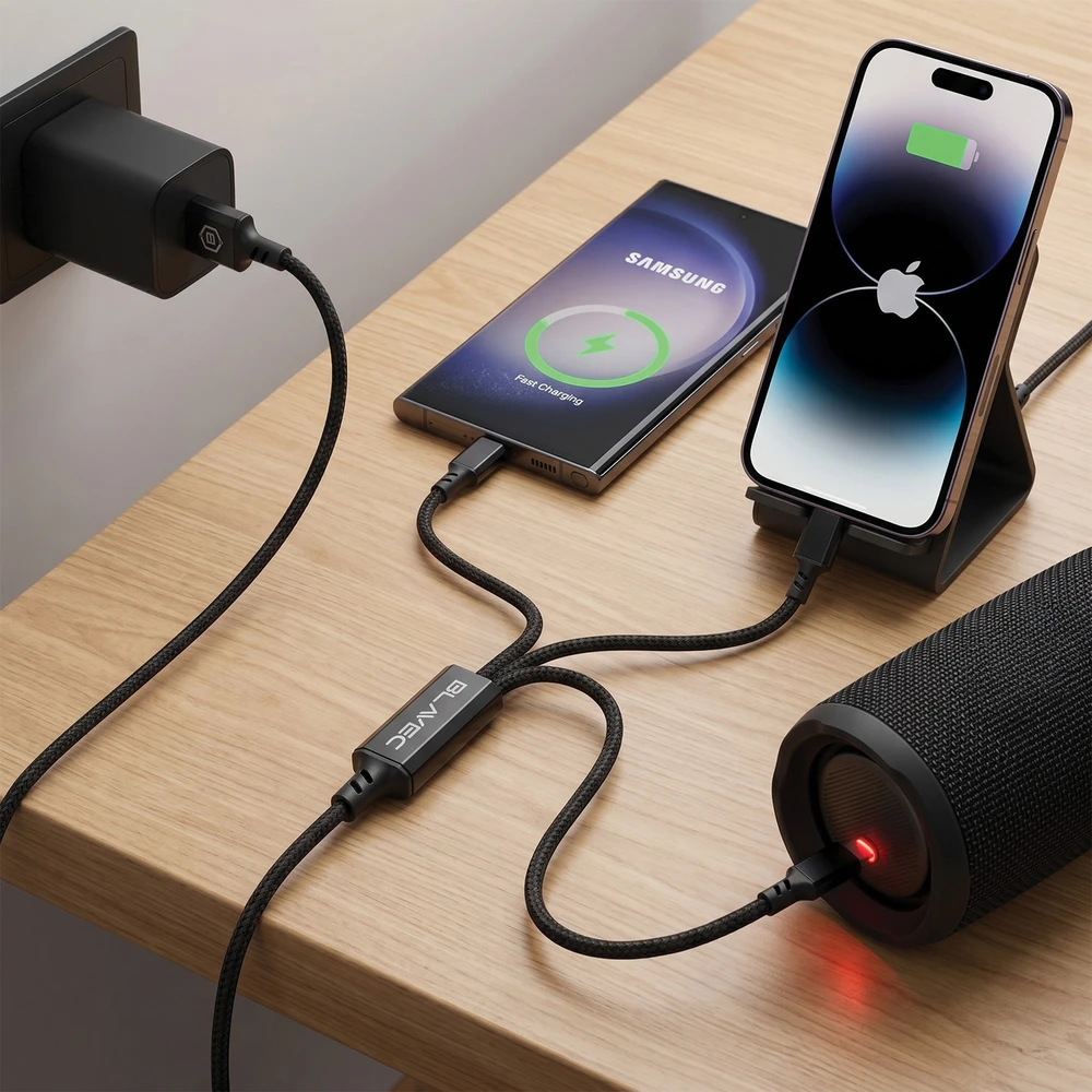Blavec Kabelis Trixo pleciony – USB į 2xTyp C + Lightning – QC 18W PD60W 3A 1,3 m.a (CTR-U2CL3B13) juodos spalvos