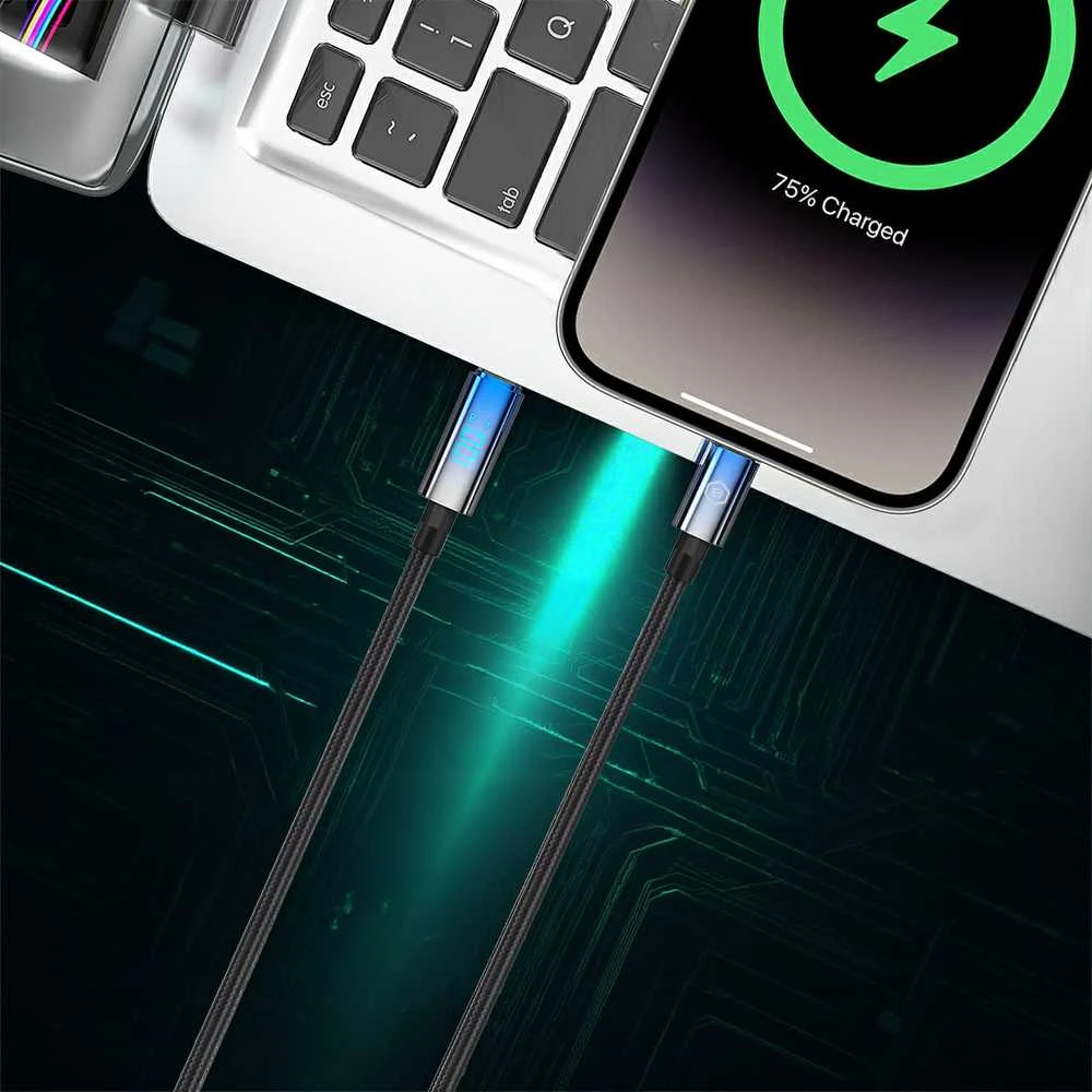 Blavec Kabelis Velox pleciony – Typ C na Typ C – PD 100W 5A LED ekranas 1,2 metra Apple CarPlay/Android Auto (CVE-CC5B12)
