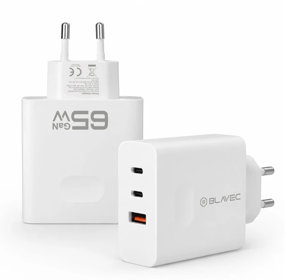 Blavec laidinis įkroviklis BC-11 GaN – USB + 2xTyp C – QC PD 65W 3A (TCBC11G-U2CW653A) baltos spalvos