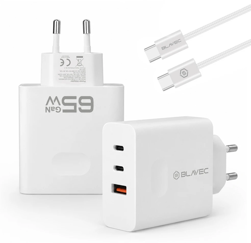 Blavec laidinis įkroviklis BC-11 GaN – USB + 2xTyp C – QC PD 65W 3A su kablem Typ C į Typ C (TCBC11G-U2CW653A) baltos spalvos