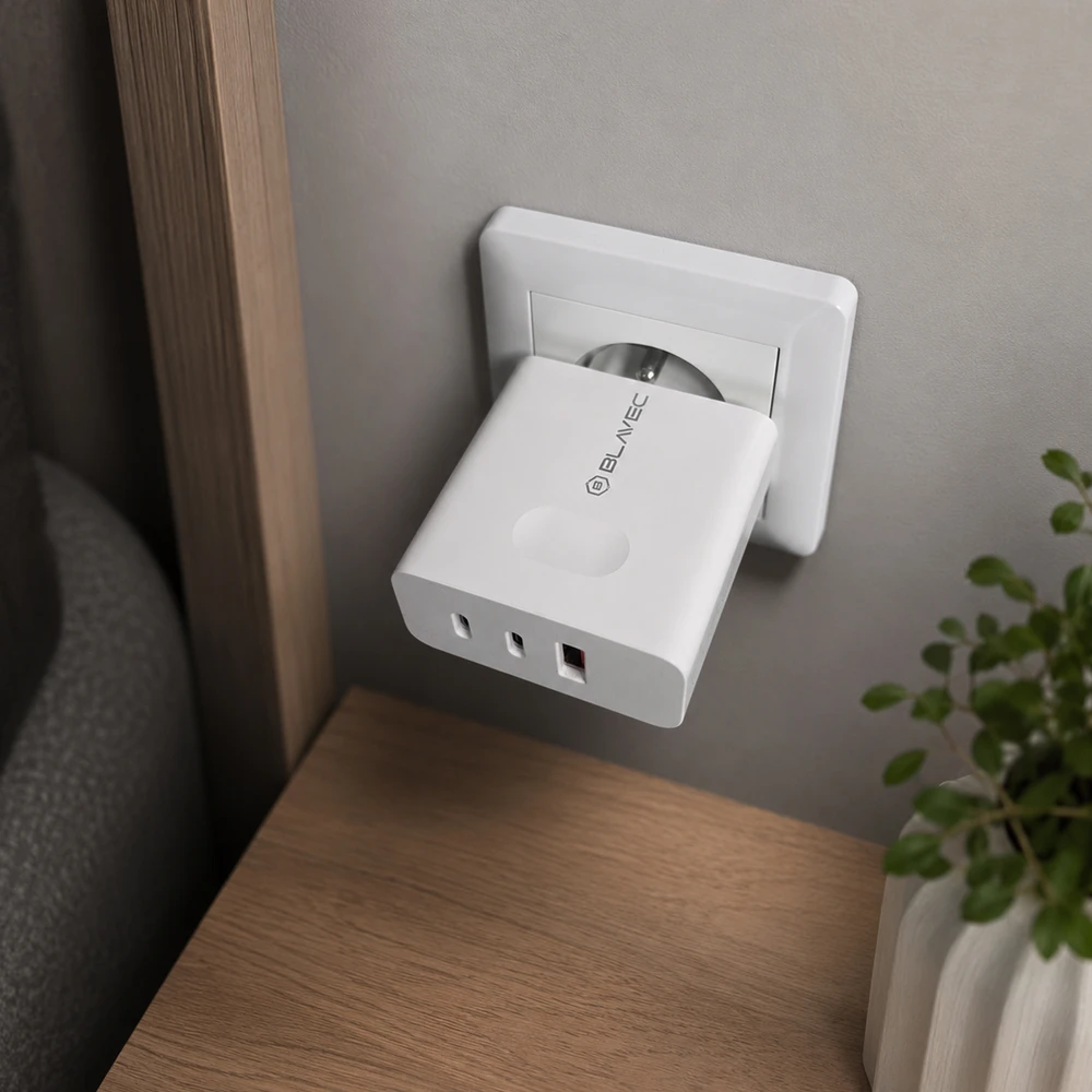 Blavec laidinis įkroviklis BC-11 GaN – USB + 2xTyp C – QC PD 65W 3A su kablem Typ C į Typ C (TCBC11G-U2CW653A) baltos spalvos