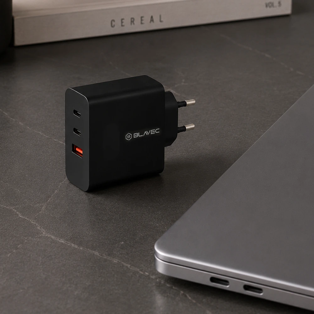 Blavec laidinis įkroviklis BC-11 GaN – USB + 2xTyp C – QC PD 65W 3A su kablem Typ C į Typ C (TCBC11G-U2CB653A) juodos spalvos