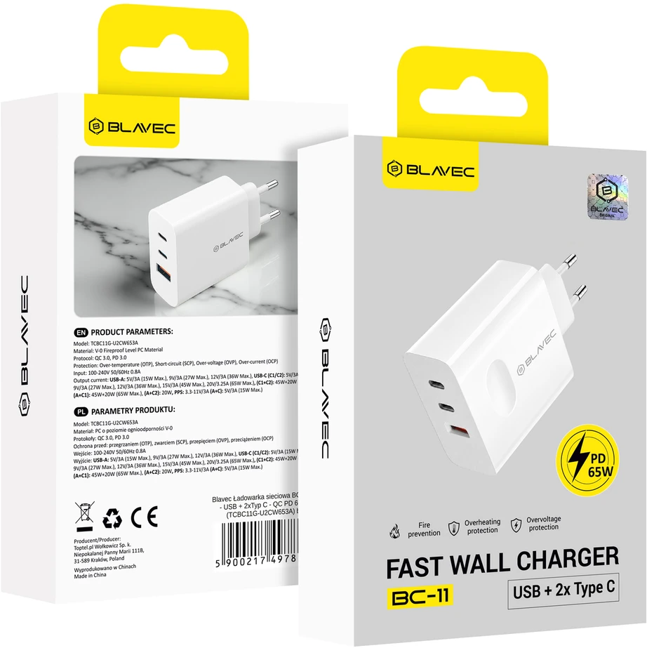 Blavec laidinis įkroviklis BC-11 GaN – USB + 2xTyp C – QC PD 65W 3A (TCBC11G-U2CW653A) baltos spalvos