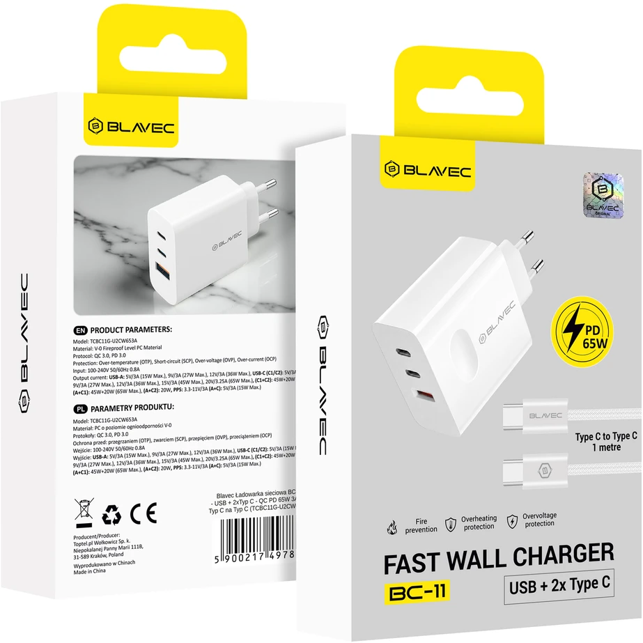 Blavec laidinis įkroviklis BC-11 GaN – USB + 2xTyp C – QC PD 65W 3A su kablem Typ C į Typ C (TCBC11G-U2CW653A) baltos spalvos