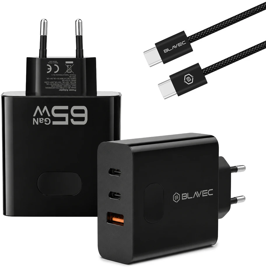 Blavec laidinis įkroviklis BC-11 GaN – USB + 2xTyp C – QC PD 65W 3A su kablem Typ C į Typ C (TCBC11G-U2CB653A) juodos spalvos