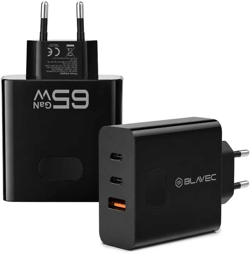 Blavec laidinis įkroviklis BC-11 GaN – USB + 2xTyp C – QC PD 65W 3A (TCBC11G-U2CB653A) juodos spalvos