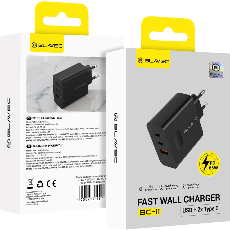 Blavec laidinis įkroviklis BC-11 GaN – USB + 2xTyp C – QC PD 65W 3A (TCBC11G-U2CB653A) juodos spalvos