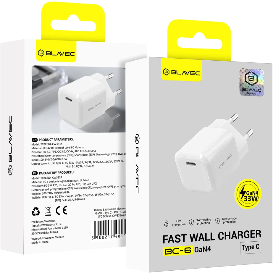 Blavec laidinis įkroviklis BC-6 GaN4 – Typ C – PD QC 33W 3A (TCBC6G4-CW333A) baltos spalvos