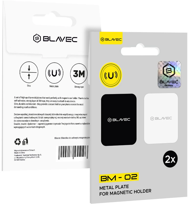 Oem Blavec metalinė plokštelė magnetiniam laikikliui BM-02, rinkinys iš 2 dalių, stačiakampis (40x58mm), juodas ir sidabrinis
