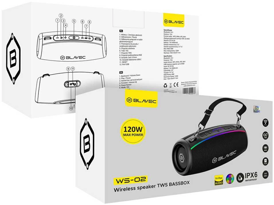 Blavec nešiojama Bluetooth kolonėlė TWS WS-02 Bassbox – 120W (WS02-B) juodos spalvos
