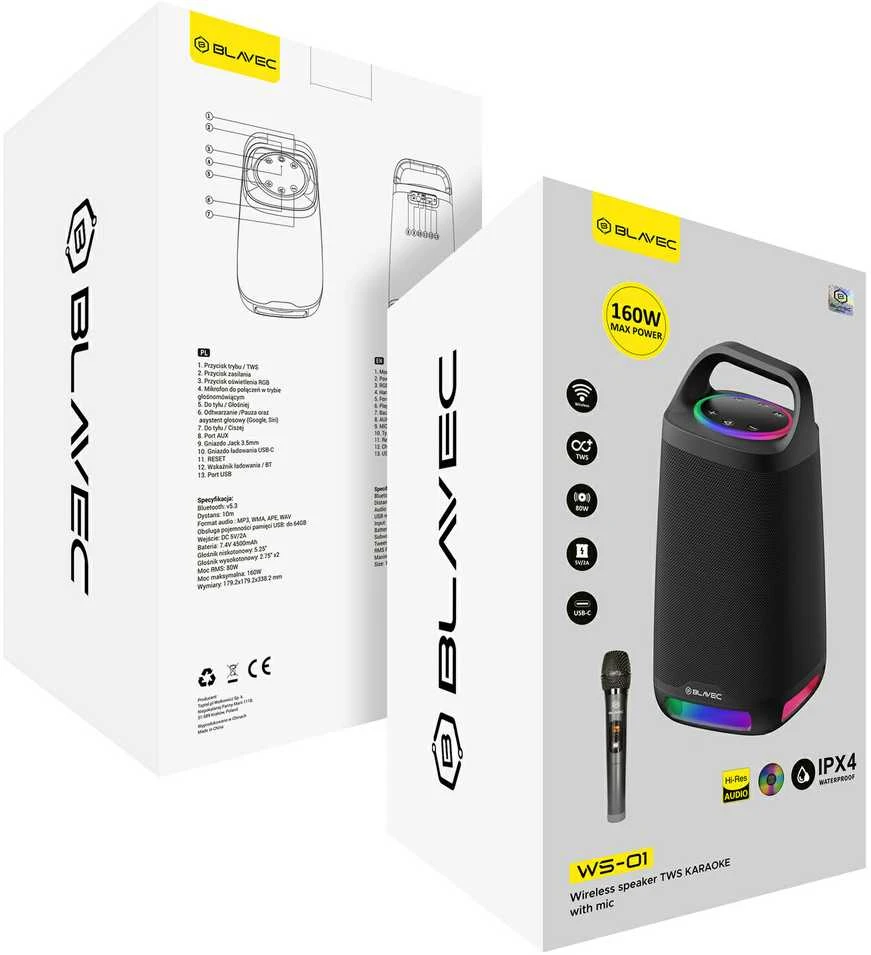 Blavec nešiojama Bluetooth kolonėlė TWS WS-01 Karaoke – 160W su mikrofonu (WS01-MB) juodos spalvos