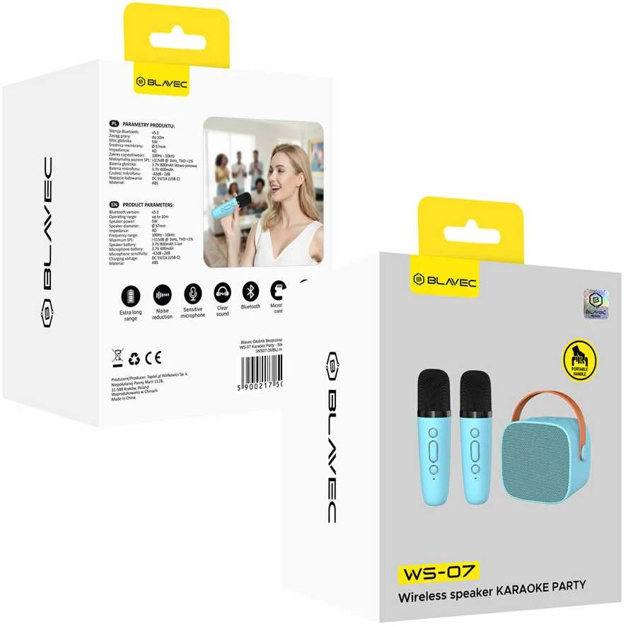 Blavec nešiojama bluetooth kolonėlė WS-07 Karaoke Party – 5W su 2 mikrofonais (WS07-2MBL) mėlynos spalvos