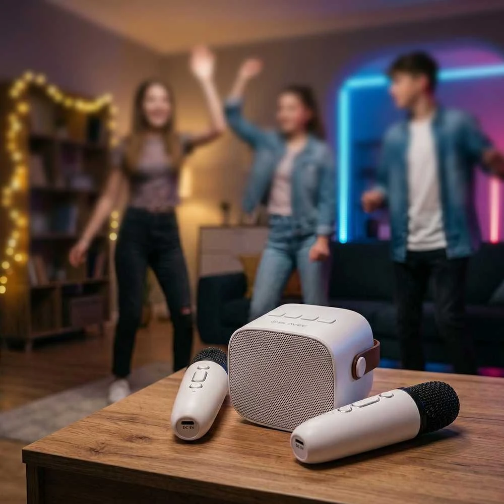 Blavec nešiojama bluetooth kolonėlė WS-07 Karaoke Party – 5W su 2 mikrofonais (WS07-2MW) baltos spalvos