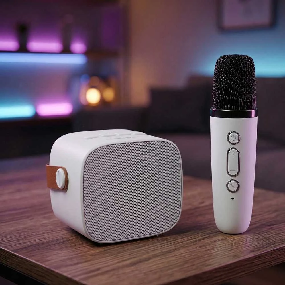Blavec nešiojama bluetooth kolonėlė WS-07 Karaoke Party – 5W su 2 mikrofonais (WS07-2MW) baltos spalvos
